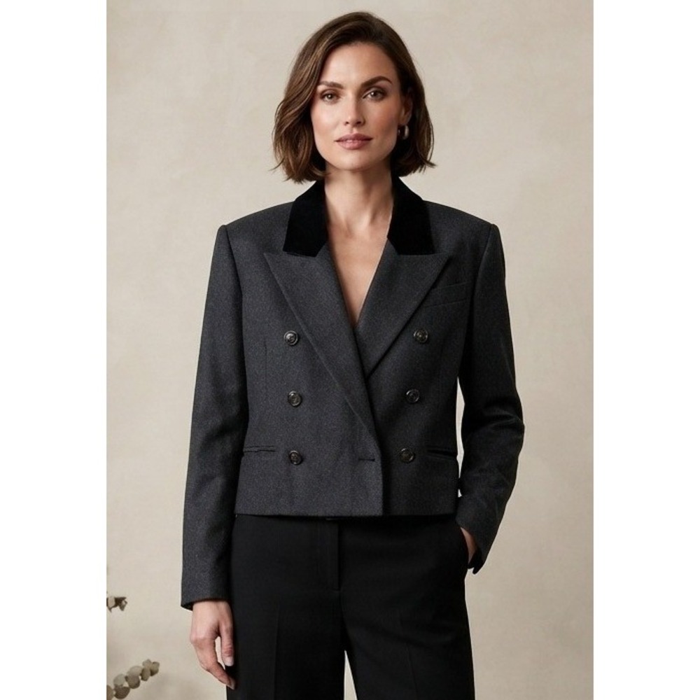 Apostrophe Paris Wool Blazer Jacket Double Breasted Womens 44 Gray Velvet Collar